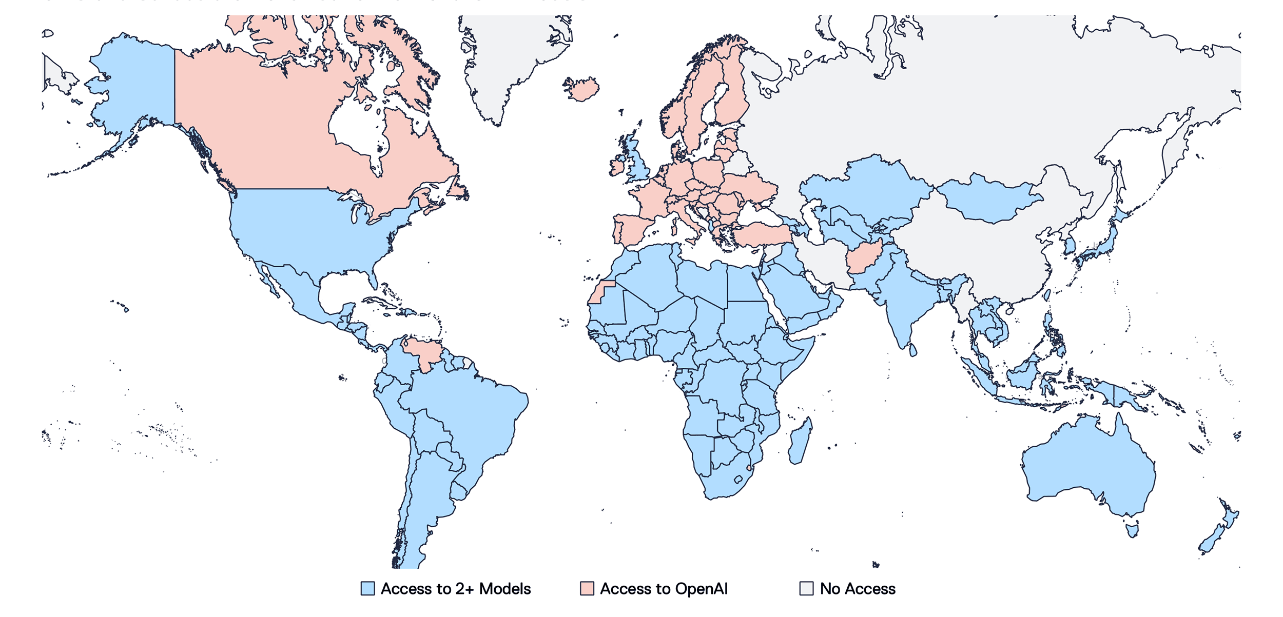 World map illustrating AI model access by country. Countries highlighted in light blue have access to 2+ AI models, light red/pink have access to OpenAI, and gray have no access. Notable regions with OpenAI access include Canada, most of Western Europe, and South Korea. Regions with 2+ model access span North and South America, Africa, Australia, and parts of Asia. Areas with no access include Russia, China, and parts of the Middle East.