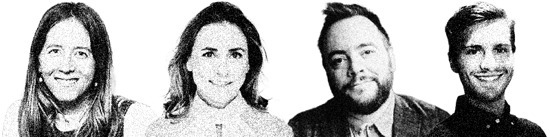 Headshots of four smiling team members in a black and white stippled style, featuring two women and two men.