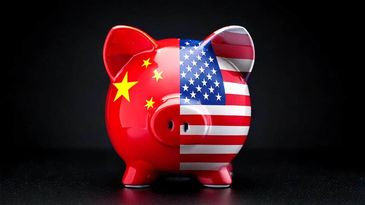 A piggy bank painted half with the Chinese flag and half with the American flag, symbolizing economic ties and financial relations between the two nations.