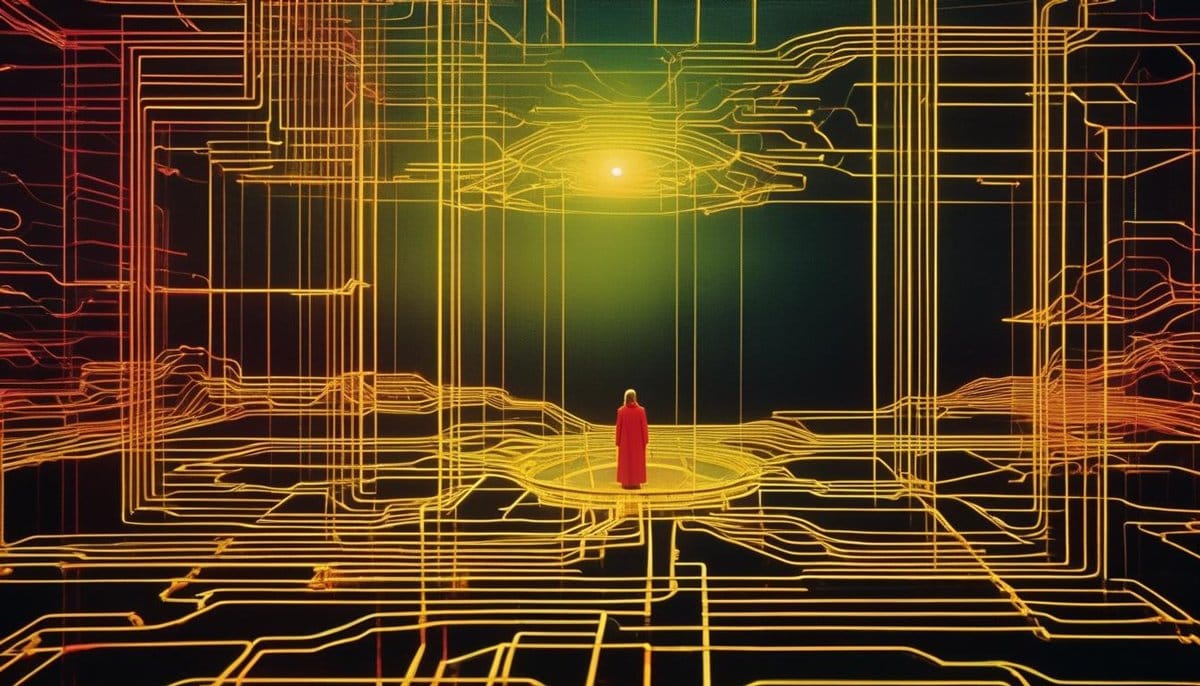 Person in red robe standing on a circular platform within a vast, glowing yellow and orange digital network, with a bright light source overhead.