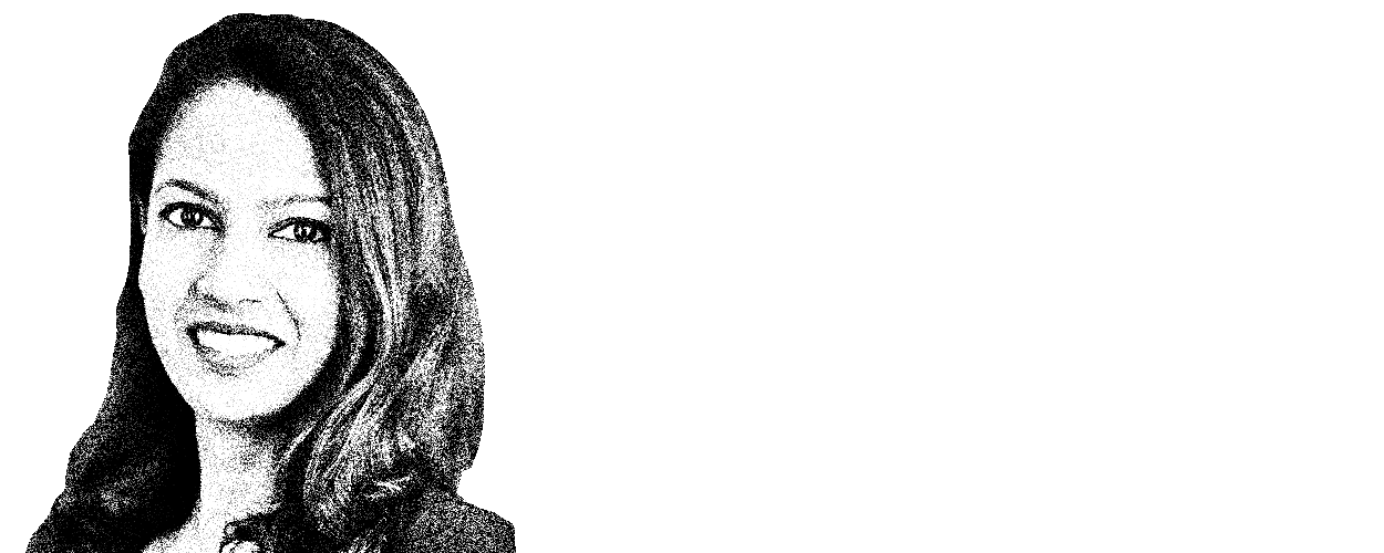 Monochromatic, high-contrast headshot of CJ, a smiling woman with long dark hair.