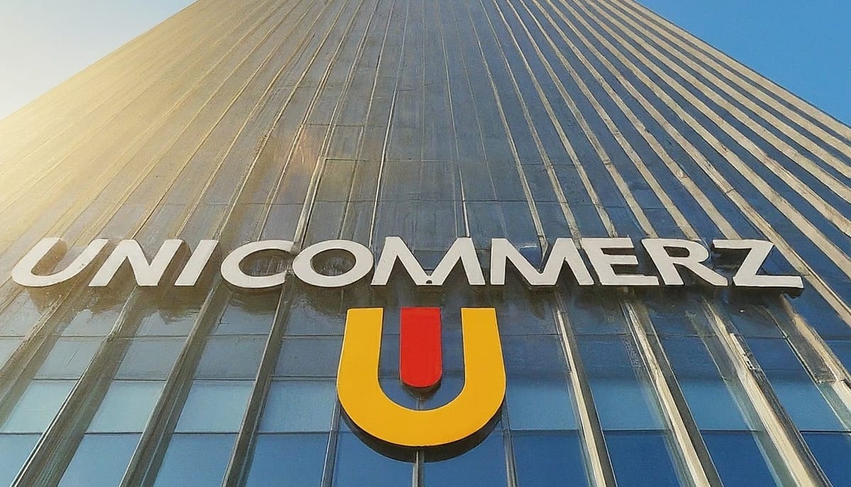 The Unicommerz company name and its yellow U-shaped logo with a red center displayed on the glass facade of a towering corporate building.