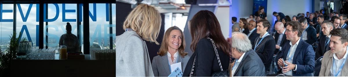 Scenes from a business conference, showing attendees networking, an audience seated during a presentation, and a reception area with city views and 'EVIDENT AI' text on a window.