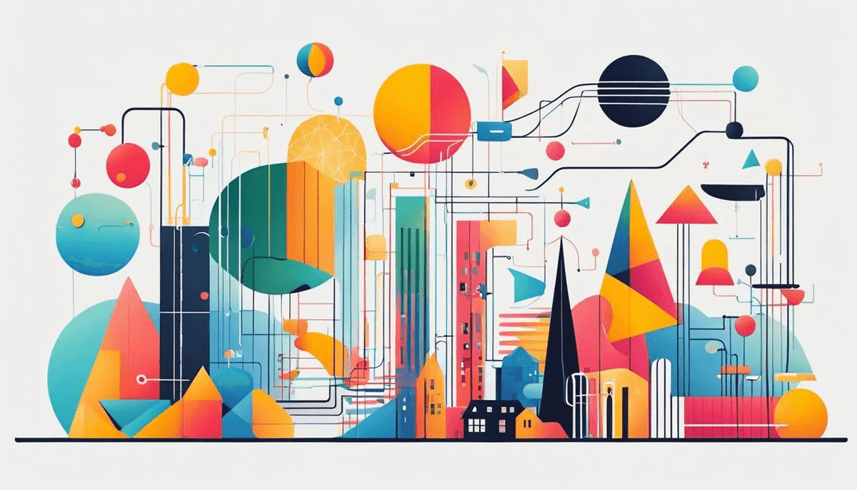 Abstract illustration of a colorful, interconnected smart city with geometric buildings and a network of lines and spheres representing data flow and technology.