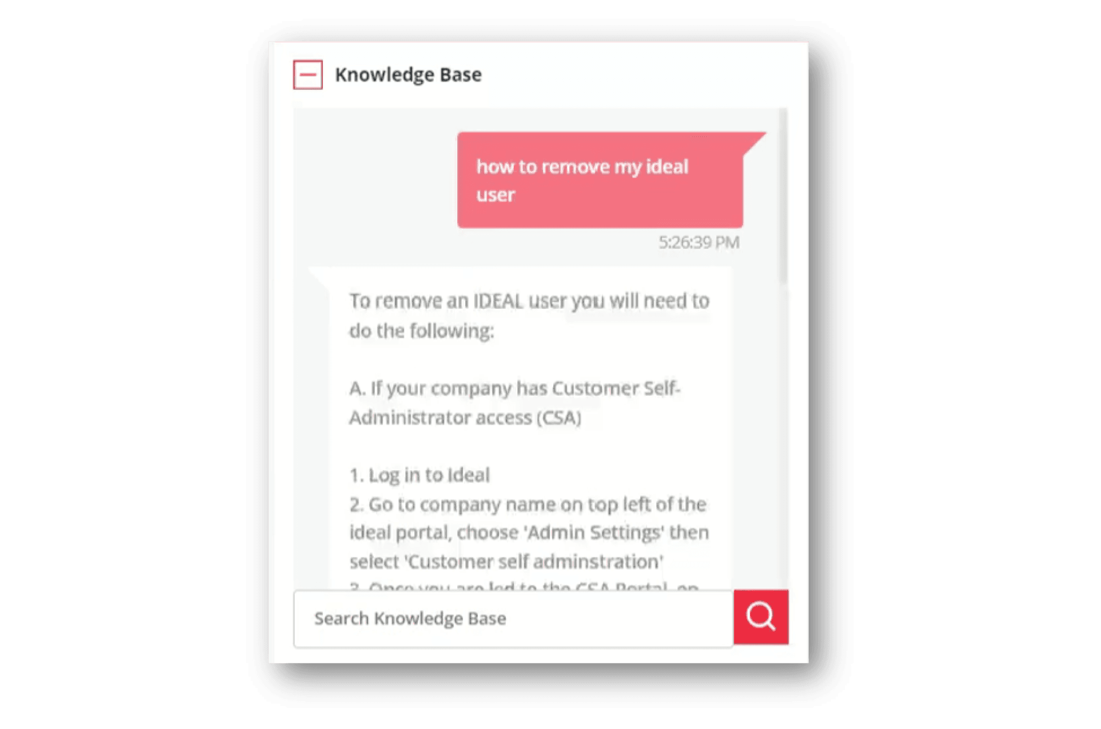 Knowledge Base article displayed on a tablet, showing instructions for removing an Ideal user. The content includes a user query 'how to remove my ideal user' and a detailed response with steps to log in, navigate to 'Admin Settings', and select 'Customer self administration' in the Ideal portal.