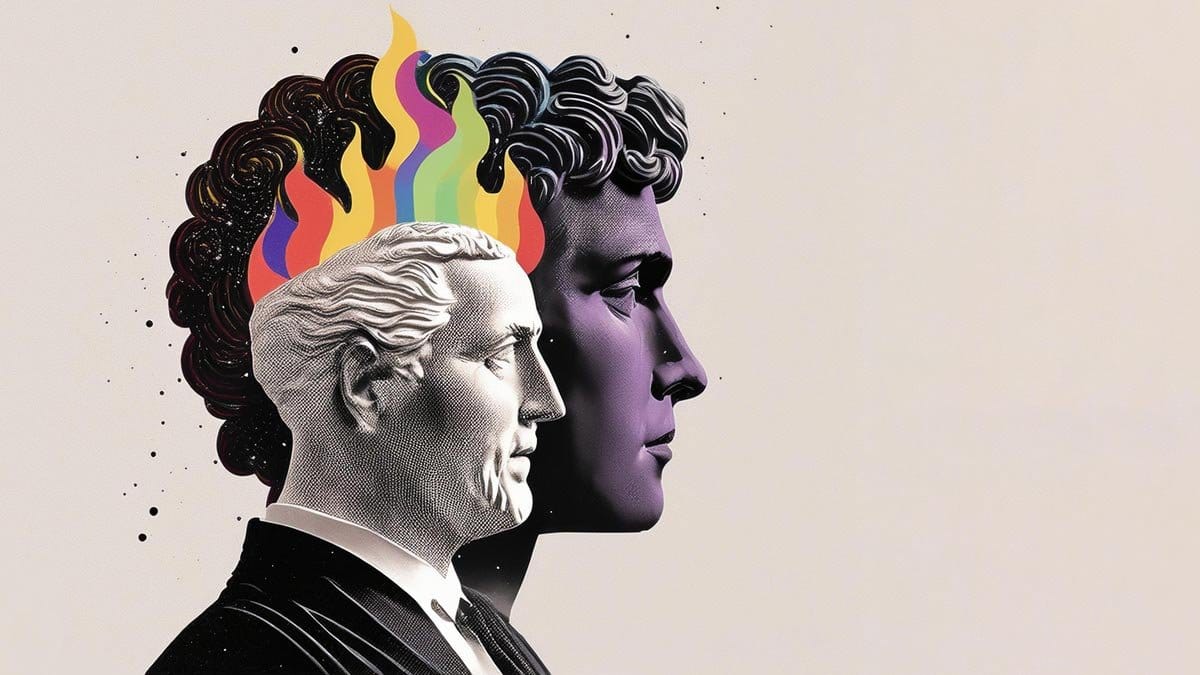 Two stylized heads in profile, one a classical white bust and the other a modern dark purple head, sharing a swirling dark mass with vibrant rainbow-colored flames erupting from the top.
