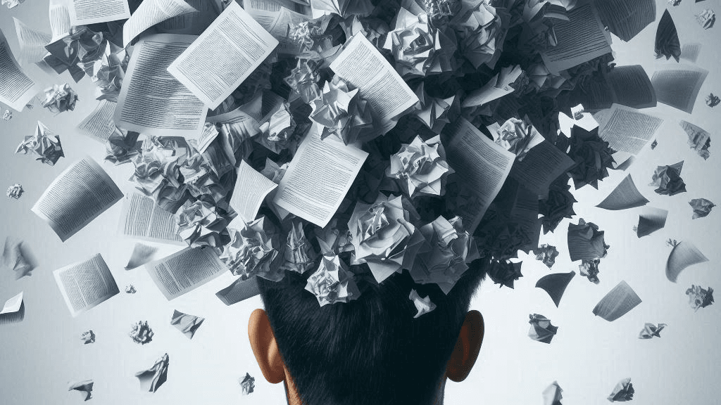 Back of a person's head with a large, chaotic cloud of floating and crumpled papers bursting from it, symbolizing information overload, mental activity, or complex ideas.