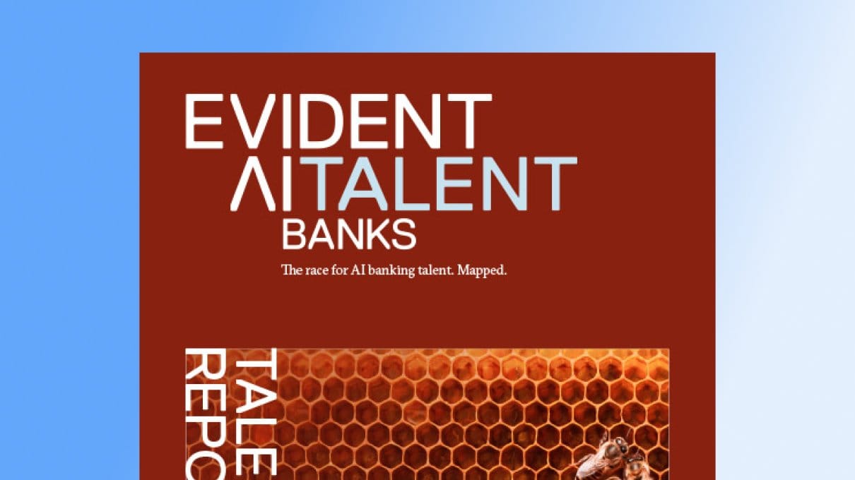 Cover of the 'Evident AI Talent Banks' report, subtitled 'The race for AI banking talent. Mapped.' The design incorporates a honeycomb pattern with bees at the bottom.