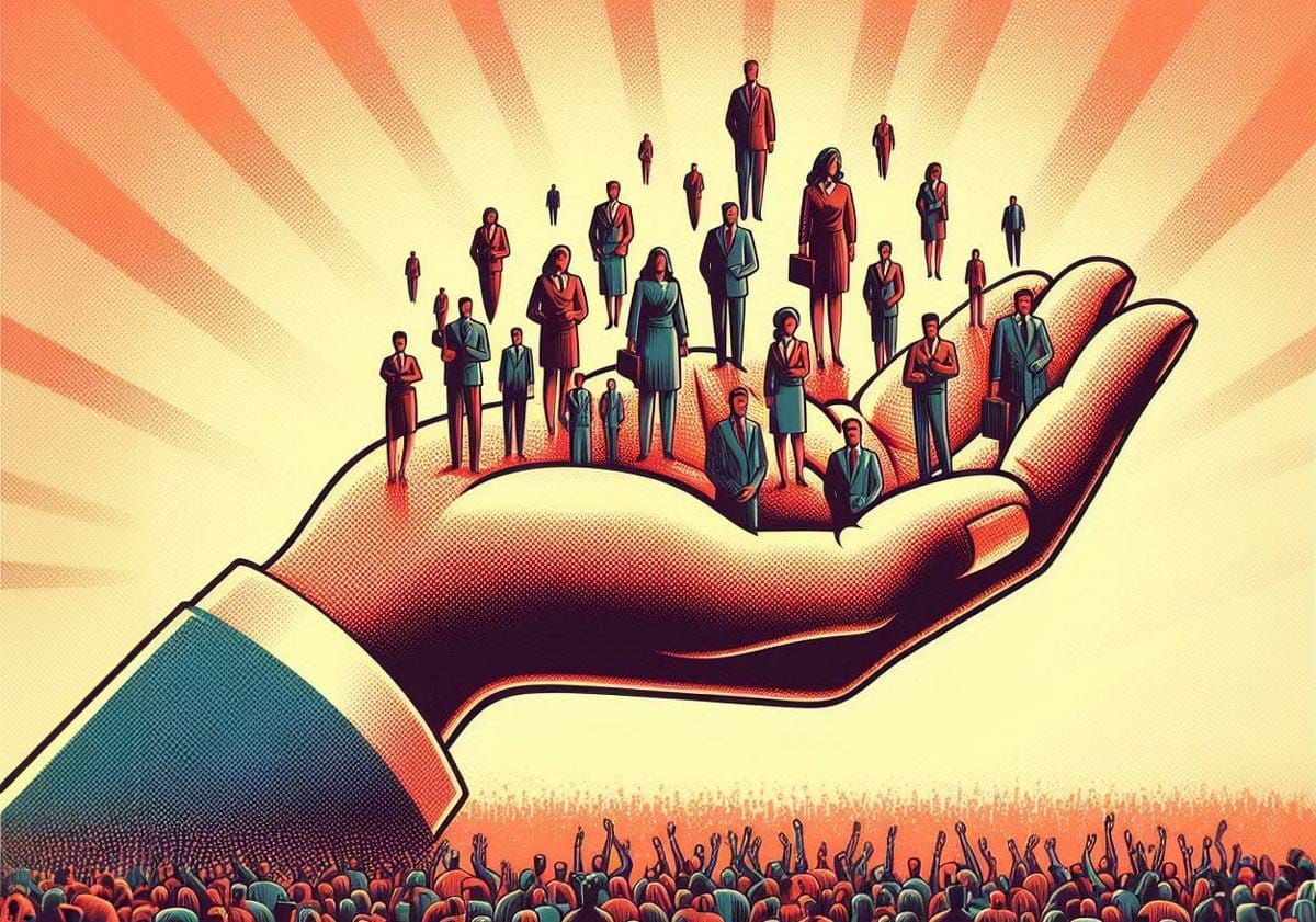 A large hand uplifts and supports a group of diverse business professionals in suits, symbolizing leadership, talent development, or empowerment. Below, a crowd of people with raised hands looks up at the scene, representing the broader community or workforce.
