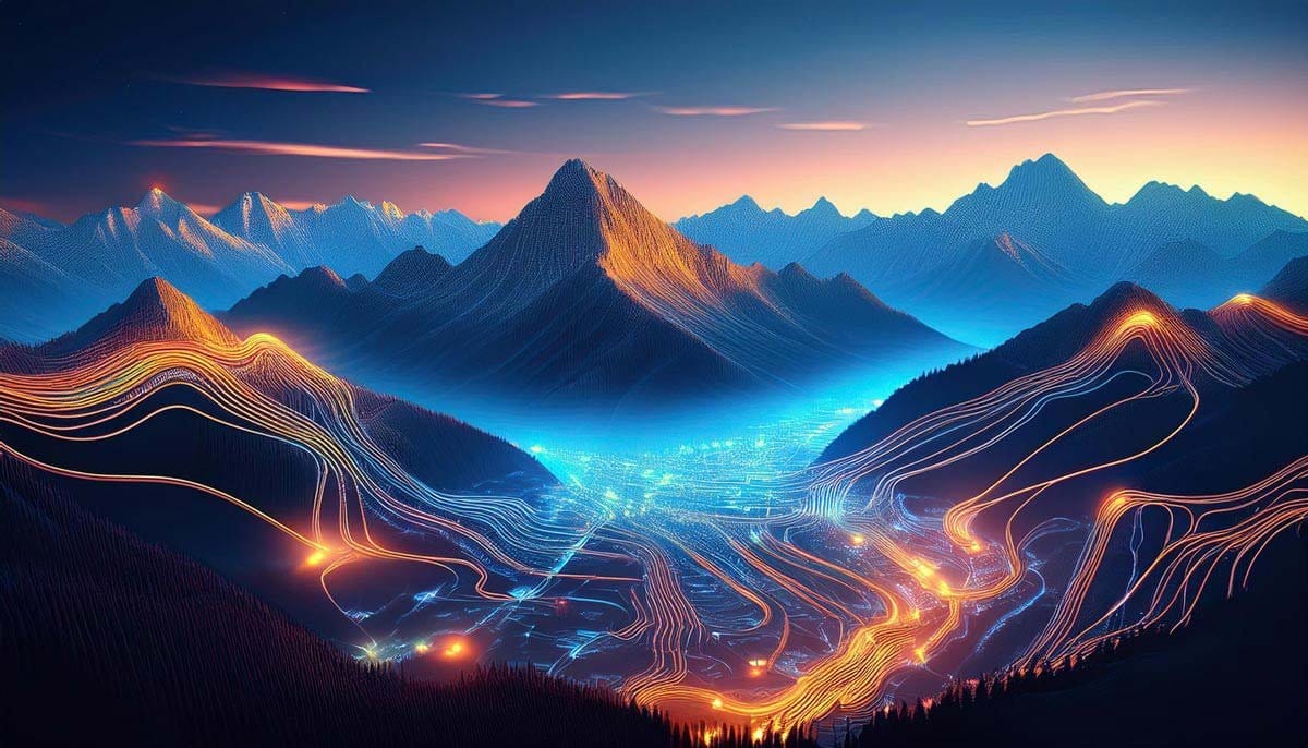 Abstract digital landscape with glowing orange and blue data streams flowing over and around mountains, illuminating a futuristic network in a valley under a twilight sky.