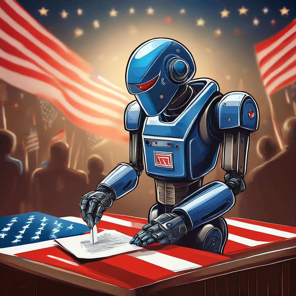 A futuristic blue robot with a sleek design casts a ballot into a voting box covered in an American flag pattern. Silhouetted figures of a crowd and large US flags are visible in the background under a starry sky.