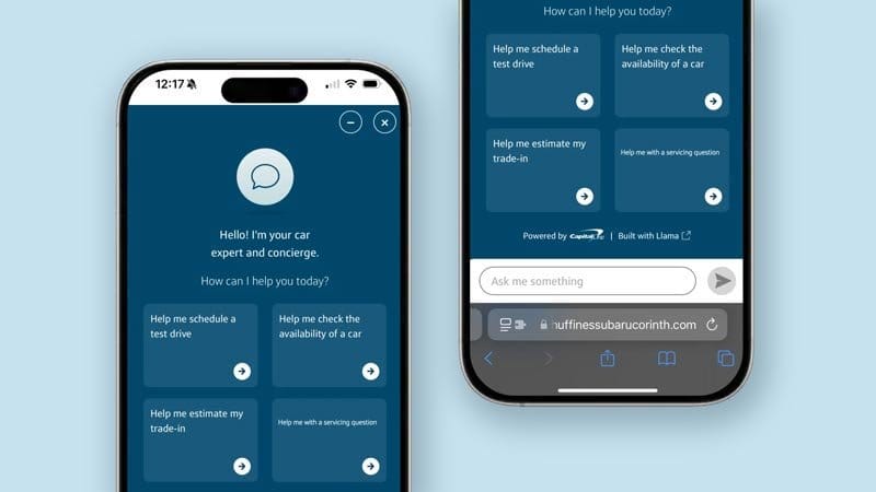 Mobile screens showing an AI chatbot interface for automotive assistance, powered by Capital One and built with Llama. The chatbot introduces itself as a 'car expert and concierge' and provides quick action buttons for scheduling test drives, checking car availability, estimating trade-ins, and asking servicing questions.