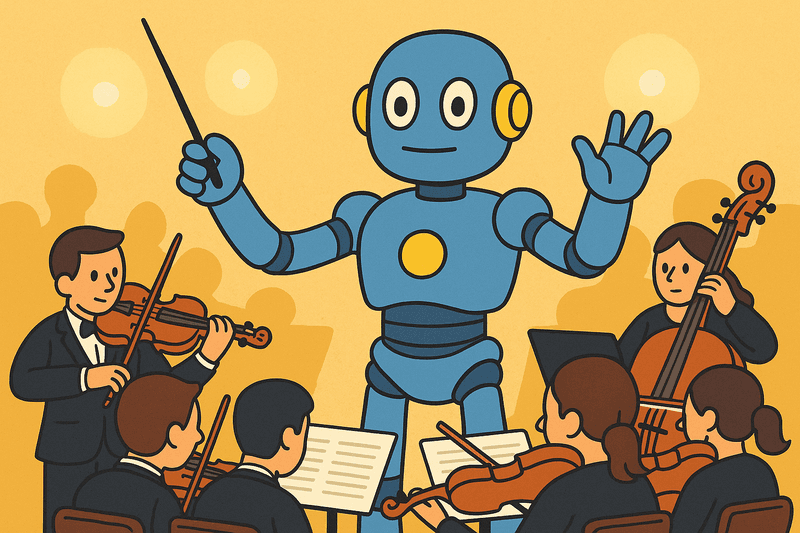 A blue robot with a circular yellow chest plate stands center stage, holding a conductor's baton and leading a human orchestra of violinists and a cellist.