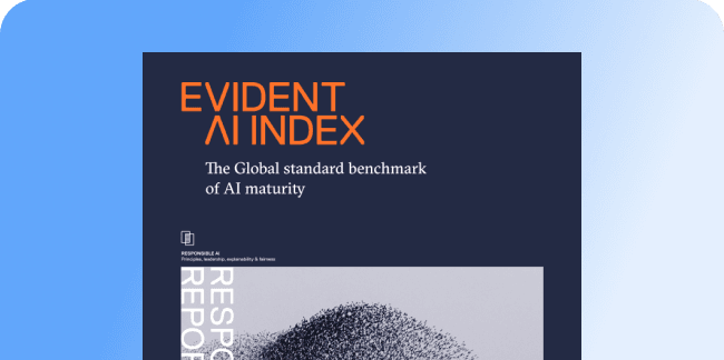 Cover of the Evident AI Index report, subtitled 'The Global standard benchmark of AI maturity.' The cover also mentions 'Responsible AI: Principles, leadership, explainability & fairness.'